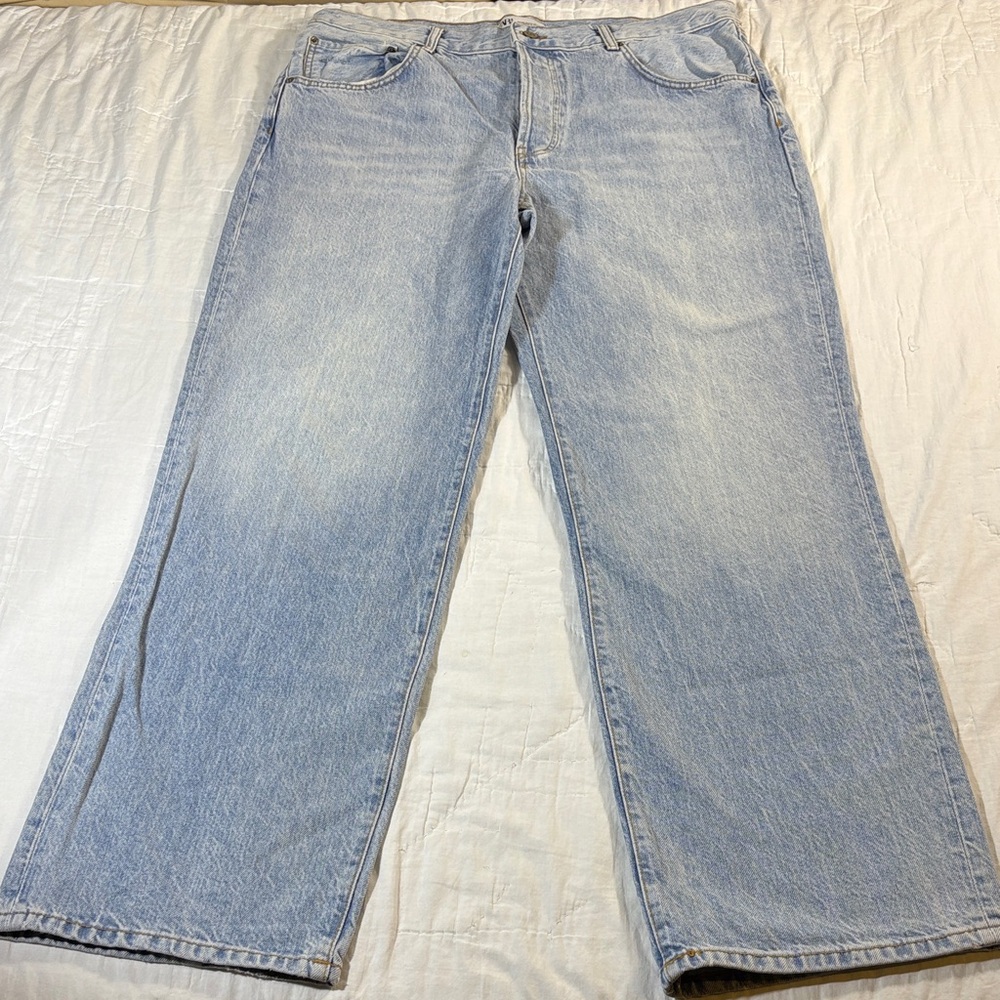Zara High Rise Wide Leg Rigid Denim Skater Jeans Womens 14 Light Wash Baggy TRF